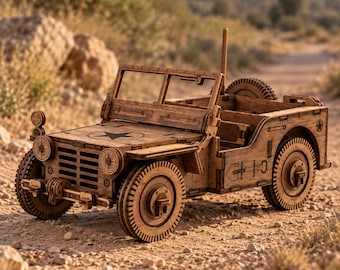 May include: A wooden model of a military-style jeep featuring a dark brown finish, a star emblem on the hood, a front grille, circular headlights, a spare tire mounted at the rear, and detailed side panels with a shovel graphic.