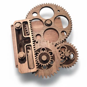 May include: A collection of wooden gears and cogs in different sizes and shapes, set against a white backdrop. The gears are crafted from light brown wood and have detailed cut-out patterns. The arrangement evokes a mechanical or industrial aesthetic.