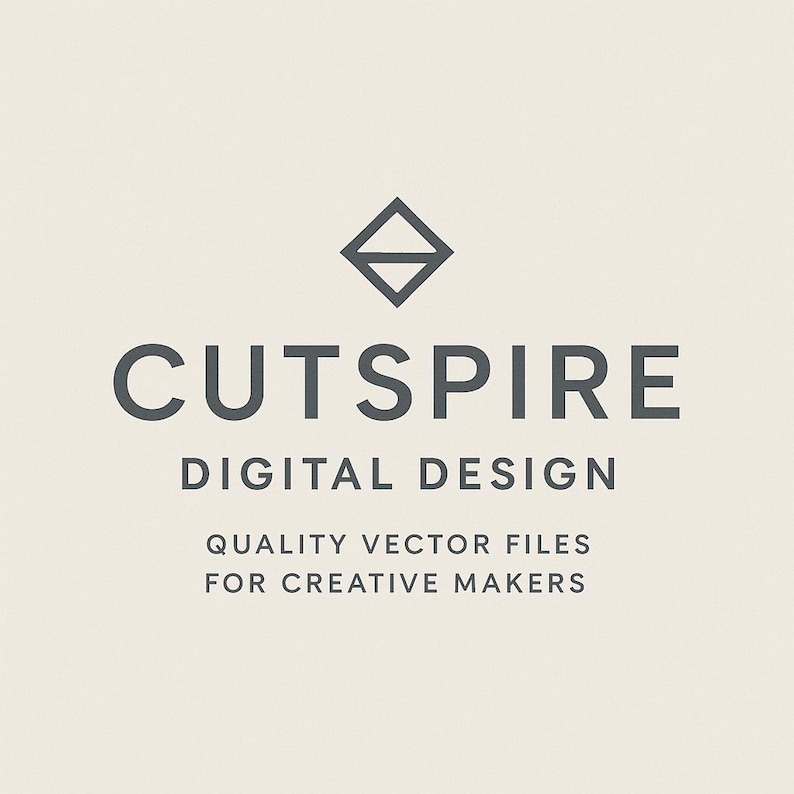 May include: A logo with the word "CUTSPIRE" in dark gray, above "DIGITAL DESIGN" and "QUALITY VECTOR FILES FOR CREATIVE MAKERS" on a light beige background. A gray diamond shape is above the word "CUTSPIRE".