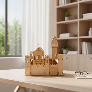 May include: A wooden castle model with a tower, arched doorway, and multiple turrets. The model is made of light-colored wood and sits on a wooden table. A small flag is on top of the main building. The castle is a detailed miniature.