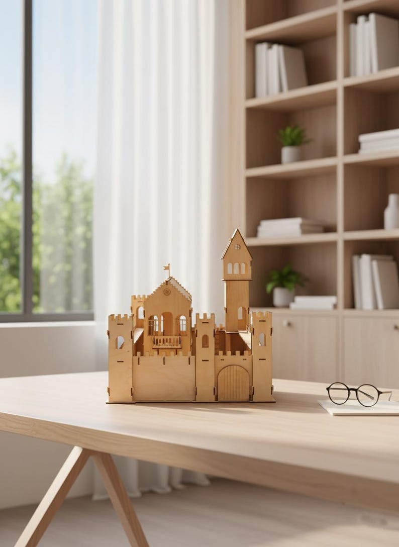 May include: A wooden castle model with a tower, arched doorway, and multiple turrets. The model is made of light-colored wood and sits on a wooden table. A small flag is on top of the main building. The castle is a detailed miniature.