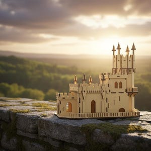 Pu&ograve; includere: Modello di castello in legno con pi&ugrave; torri e dettagli architettonici. Il modello &egrave; realizzato in legno chiaro e poggia su un muro di pietra con superficie muschiosa. Lo sfondo presenta una vista panoramica di colline verdi e un tramonto.
