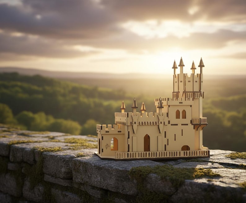 Pu&ograve; includere: Modello di castello in legno con pi&ugrave; torri e dettagli architettonici. Il modello &egrave; realizzato in legno chiaro e poggia su un muro di pietra con superficie muschiosa. Lo sfondo presenta una vista panoramica di colline verdi e un tramonto.