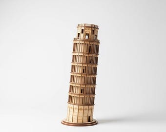 File di taglio laser del puzzle 3D della Torre pendente di Pisa, modello SVG del punto di riferimento italiano, decorazioni architettoniche, Glowforge DXF, kit di costruzione in legno