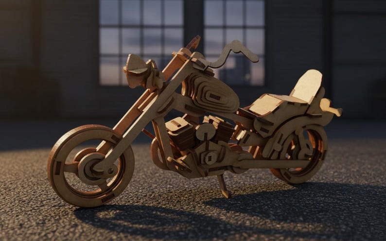 Chopper Motorcykel SVG | 3D Träpussel Laserskurna Filer | Biker Presentidé | Cruiser Motorcykel Modellbyggsats DXF | DIY Leksaksritning för Glowforge bild 2