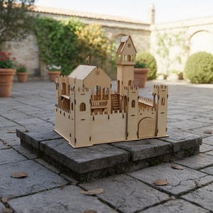 May include: A detailed wooden castle model with multiple towers, arched doorways, and a central keep. The light-colored wood construction features intricate cut-out details, including windows and battlements. The model sits on a stone surface.
