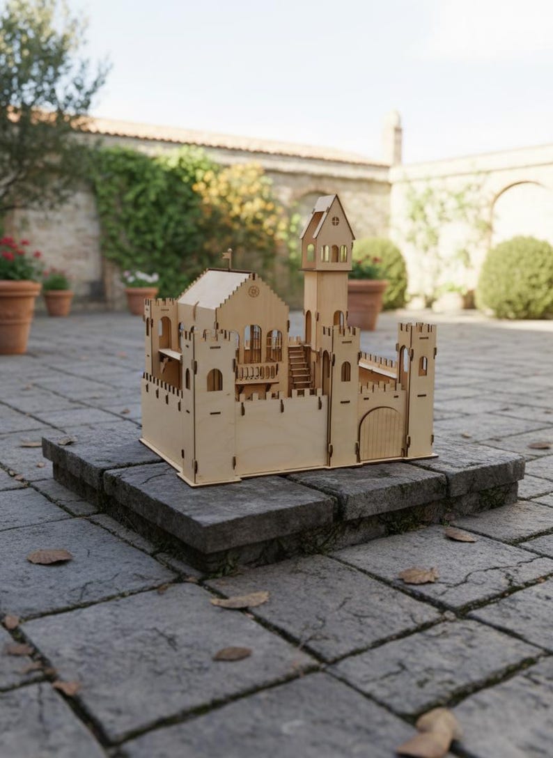 May include: A detailed wooden castle model with multiple towers, arched doorways, and a central keep. The light-colored wood construction features intricate cut-out details, including windows and battlements. The model sits on a stone surface.