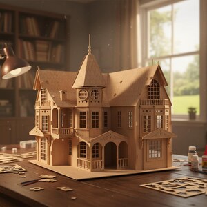 May include: A detailed wooden dollhouse model with multiple stories, balconies, and intricate window designs. The unfinished wood has a natural color. The model sits on a wooden table with tools and materials, suggesting a craft project.