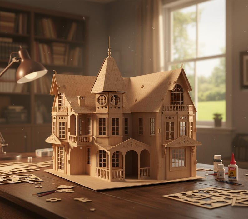 May include: A detailed wooden dollhouse model with multiple stories, balconies, and intricate window designs. The unfinished wood has a natural color. The model sits on a wooden table with tools and materials, suggesting a craft project.