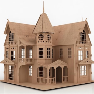 Puede incluir: Una detallada casa de muñecas de madera con múltiples pisos, balcones y una torre. La casa de muñecas presenta numerosas ventanas y detalles arquitectónicos intrincados, mostrando un acabado de madera natural. El diseño general se asemeja a una casa de estilo victoriano.