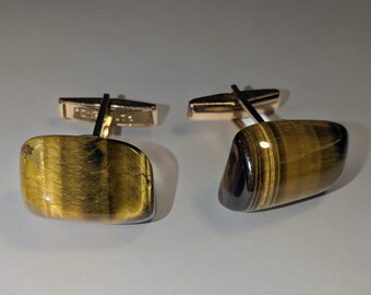 Boutons De Manchette En Or Rempli Et œil De Tigre - Style Victorien - Lot De 2 Paires Anciennes - Occasion