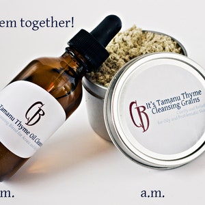 May include: Two skincare products, a brown glass bottle labeled "It's Tamanu Thyme Oil Cleanse" and a silver tin labeled "It's Tamanu Thyme Cleansing Grains". The text "Try them together!" appears above the products. The bottle is labeled "p.m." and the tin is labeled "a.m."