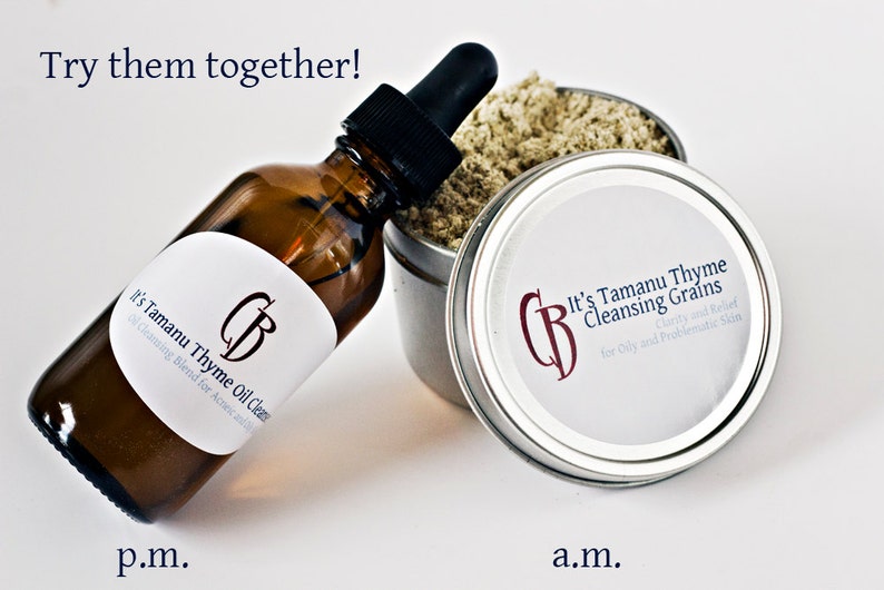 May include: Two skincare products, a brown glass bottle labeled "It's Tamanu Thyme Oil Cleanse" and a silver tin labeled "It's Tamanu Thyme Cleansing Grains". The text "Try them together!" appears above the products. The bottle is labeled "p.m." and the tin is labeled "a.m."