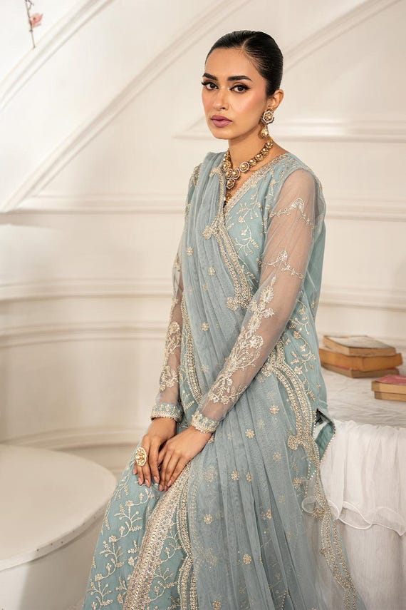 eid dress blue Salwar Kameez Embroidered Suit - Dress, Worldwide Free Shipment USA UK CA Size:9m short sleeve