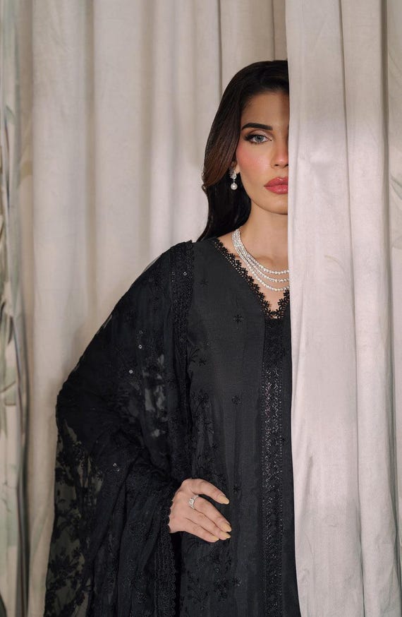 black eid dresses 7405 FLORAL MUGHAL BLACK HEAVY EMBROIDERED EID DRESS main image 1