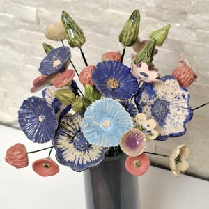 Ceramic  Bouquet, 15 pcs Flowers and Buds,  Home Decor, Rustic Faux Flower Bouquet in Vase, Home Decoration, Flower Clay Ceramic Handmade