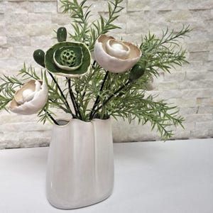 Ceramic  Bouquet, 9 pcs Flowers and Buds,  Home Decor, Rustic Faux Flower Bouquet in Vase, Home Decoration, Flower Clay Ceramic Handmade