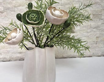Handmade Ceramic Flower Bouquet, Rustic Floral Arrangement, 7 Pcs