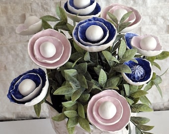 Handmade Ceramic Flower Bouquet, Pink and Blue, Home Decor (9pcs)
