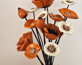 Handmade 15 pcs. Ceramic Flower, Clay Ceramic Bouquet, Glazed Floral Arrangement, Home Decor Gift, Stylized Poppy Flowers