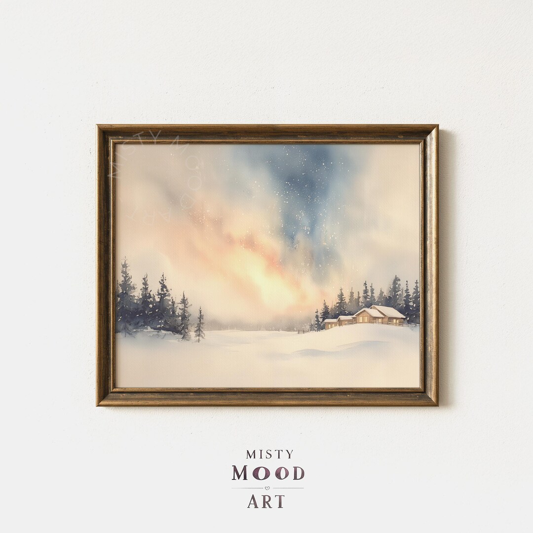 Aurora Borealis Over Snowy Landscape - Moody Winter Watercolor, Serene ...