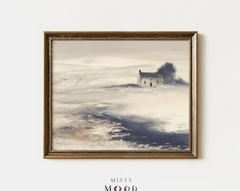 Moody Nordic Coastal Cottage Art - Rustic Scandinavian Landscape, Minimalist Foggy Seascape, Digital Painterly Wall Art Printable 692