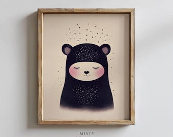 Printable Nursery Wall Art, Cute Bear with Starry Hood, Adorable Bear Illustration, Cozy Kids Room Decor, Black and White Theme 466