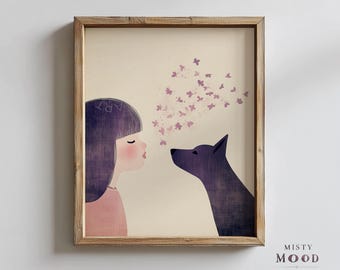 Illustration lunatique de fille et de chien - art de style aquarelle lavis à l'encre, décoration murale amitié animale, impression déco minimaliste imprimable 37