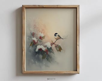 May include: A framed watercolor print of a small bird perched on a branch with red berries and snow. The artwork has a soft, muted color palette with the text "MISTY MOOD ART" at the bottom.