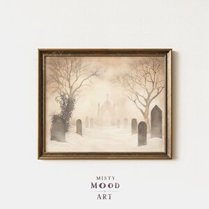 May include: A framed print depicts a misty graveyard scene with bare trees and a church in the background. The artwork has a vintage aesthetic, with a sepia-toned color palette. The text "Misty Mood Art" is at the bottom.