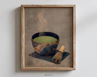 May include: A framed wall art print featuring a bowl of green matcha tea with steam rising, accompanied by a bamboo whisk on a patterned blue cloth. The artwork displays the text MISTY MOOD ART in a circular watermark and at the bottom centre.