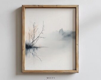 Nebliger hellgrauer Himmel Aquarellkunst - ruhige minimalistische Landschaft, Wanddekor in gedeckten Farben, beruhigende druckbare Wandkunst, rustikaler Rahmen 511