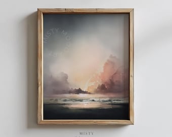 May include: A framed wall art print featuring a stormy seascape with dark gray clouds, a soft peach-colored horizon, and a faint lightning bolt. The scene depicts a calm ocean surface reflecting the sky, all encased in a light brown wooden frame.
