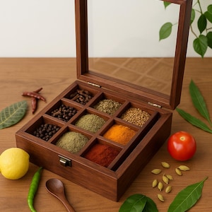 Handcrafted Wooden Spice Box with 9 Compartments | Indian Masala Dabba | Kitchen Organizer | Cooking Gift