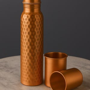 Pure Copper Water Bottle with Two Tumblers | Ayurvedic Drinkware Set | Handcrafted Copper Bottle for Health & Wellness | Eco-Friendly Gift