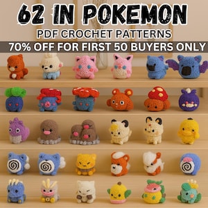 62 In 1 Mini Pokemon Crochet Pattern PDF Bundle, PDF Digital Download - Pikachu, Charmander, Squirtle & Bulbasaur and many more