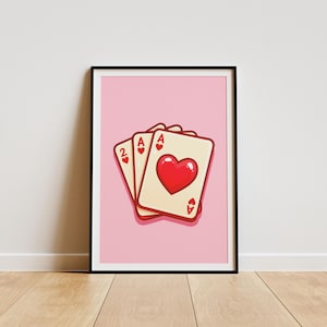 Cute Heart Playing Cards Artwork - Ace of Hearts Illustration - Pink Poker Wall Art - Game Room Decor - Card Lover Aesthetic Poster - Couple