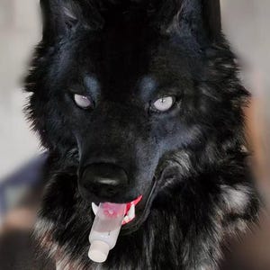 May include: A black wolf mask with white eyes and a red mouth. The mask has a realistic fur texture and is mounted on a white stand. A small, clear bottle is in the wolf's mouth.