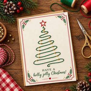 Peut inclure: Une carte de vœux crème ornée d'un sapin de Noël stylisé en fil vert et petites perles dorées, surmonté d'une étoile rouge brodée. Le texte indique "HAVE A holly jolly Christmas!" avec des motifs décoratifs de houx rouge et vert.