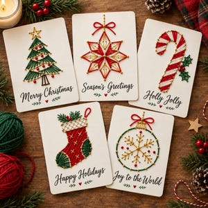 May include: Five rectangular greeting cards featuring embroidered Christmas designs. The cards display a green tree, a red star ornament, a candy cane, a red stocking, and a snowflake ornament, with text including Merry Christmas, Season's Greetings, Holly Jolly, Happy Holidays, and Joy to the World.