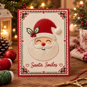 Könnte beinhalten: Eine rechteckige Grußkarte mit einem mittig gestickten Weihnachtsmanngesicht, roter Mütze, weißem Bart und Schnurrbart. Die Karte hat einen rot-grünen Stickrand mit Stechpalmen-Akzenten und dem Schriftzug Santa Smiles in roter Schreibschrift.