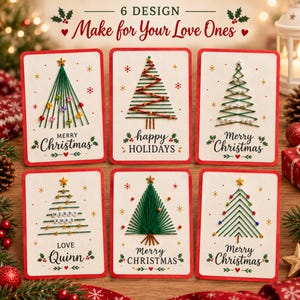 Pode incluir: Seis cartões de felicitações retangulares com bordas vermelhas apresentando árvores de Natal em arte com fios. Os cartões exibem textos como Merry Christmas, happy HOLIDAYS e LOVE Quinn, decorados com pequenas contas, estrelas e azevinho.