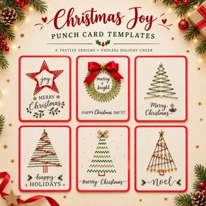 Könnte beinhalten: Sechs rechteckige Weihnachtskarten-Vorlagen mit Fadenkunst-Designs von Sternen, Kränzen und Bäumen. Jede Karte enthält festliche Texte wie Merry Christmas, joy und happy holidays, verziert mit roten, grünen und goldenen Akzenten.