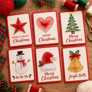 May include: Six rectangular greeting cards featuring string art designs of a red star, a red heart, a green Christmas tree, a snowman, a Santa hat, and a gold bell. Each card includes printed text: Merry & Bright Christmas, Merry Christmas, Ho Ho Ho, and Jingle Bells.