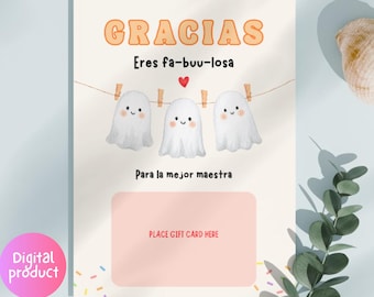 Spanish Teacher Gift Card Holder Printable Thank You Present Appreciation for maestra profesora Instant Download PDF Funny Ghosts Digital