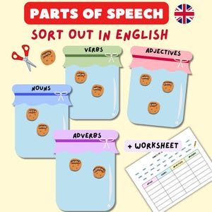 Könnte beinhalten: Lehrreiche Grafik mit dem Text „PARTS OF SPEECH SORT OUT IN ENGLISH“. Vier Gläser mit den Bezeichnungen „NOUNS“, „VERBS“, „ADJECTIVES“ und „ADVERBS“ enthalten Kekse mit Wörtern. Ein Arbeitsblatt ist enthalten.