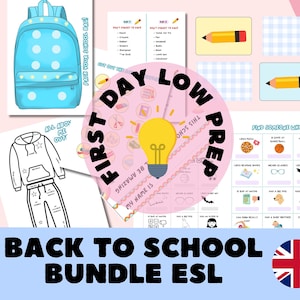 Puede incluir: Ilustración de una mochila azul claro con lunares blancos, hojas de trabajo escolares y un paquete de ESL de regreso a la escuela. La imagen incluye el texto "First Day Low Prep" y "Back to School Bundle ESL".
