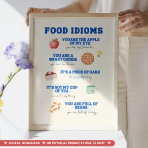 Fun Poster for the English Classroom to learn Food idioms Decoration ESL Vocabulary PDF Educational Print Download EFL Learners School Wall Art Decor for Teachers and English students advanced intermediate beginners