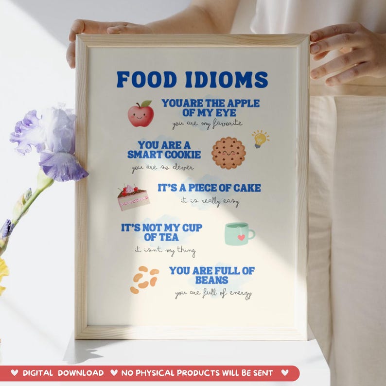 Fun Poster for the English Classroom to learn Food idioms Decoration ESL Vocabulary PDF Educational Print Download EFL Learners School Wall Art Decor for Teachers and English students advanced intermediate beginners