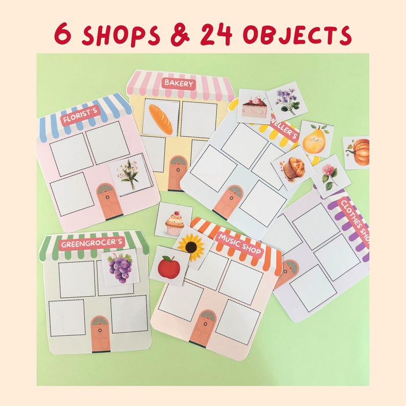 Let kids explore shops and learn English while playing! This PDF activity features 6 colorful shops, 24 fun objects to cut and sort, and matching words. Ideal for preschool and primary ESL learners. Print, cut, and play with glue or Velcro! Comes in A4 + US Letter formats.